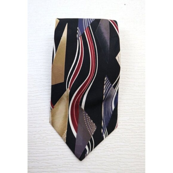 CORNERSTONE - MEN'S BLACK RED BEIGE GEOMETRIC PRINT NECKTIE - Picture 1 of 6